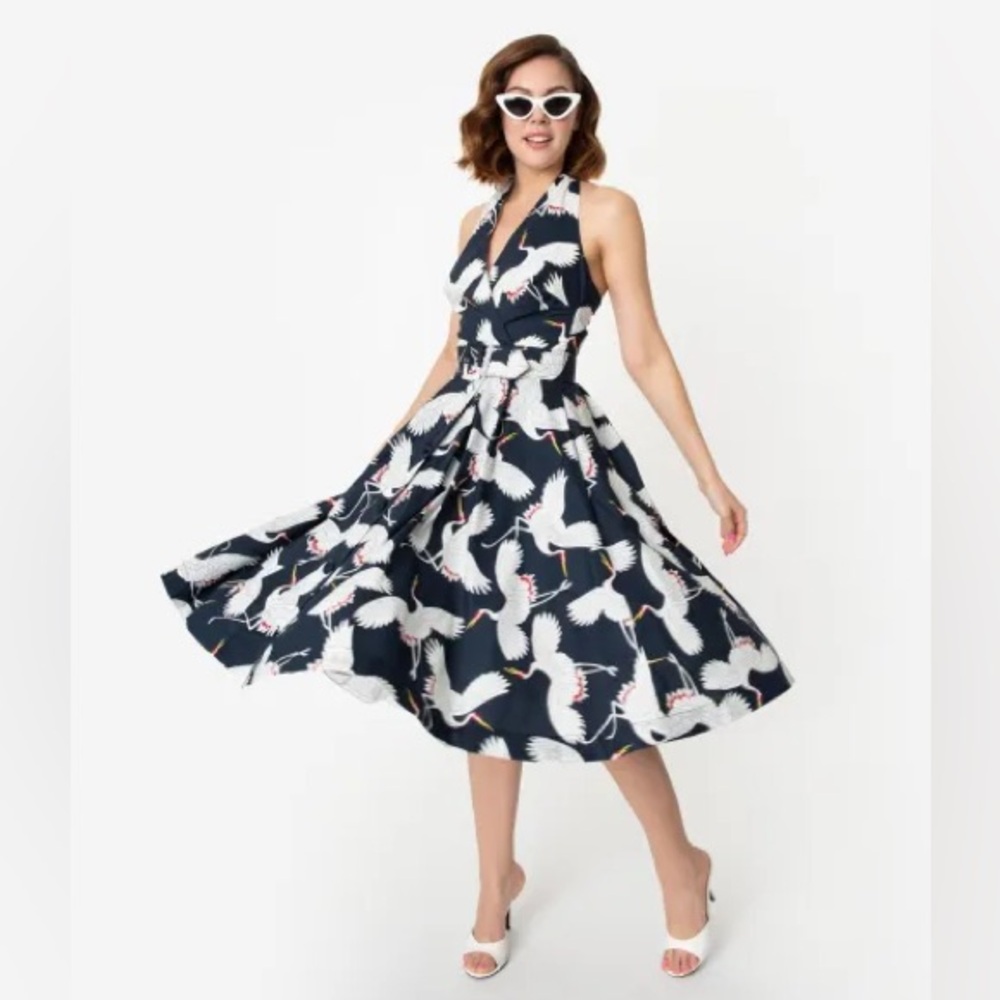 Unique Vintage Navy Halter Midi Dress with White Crane Print